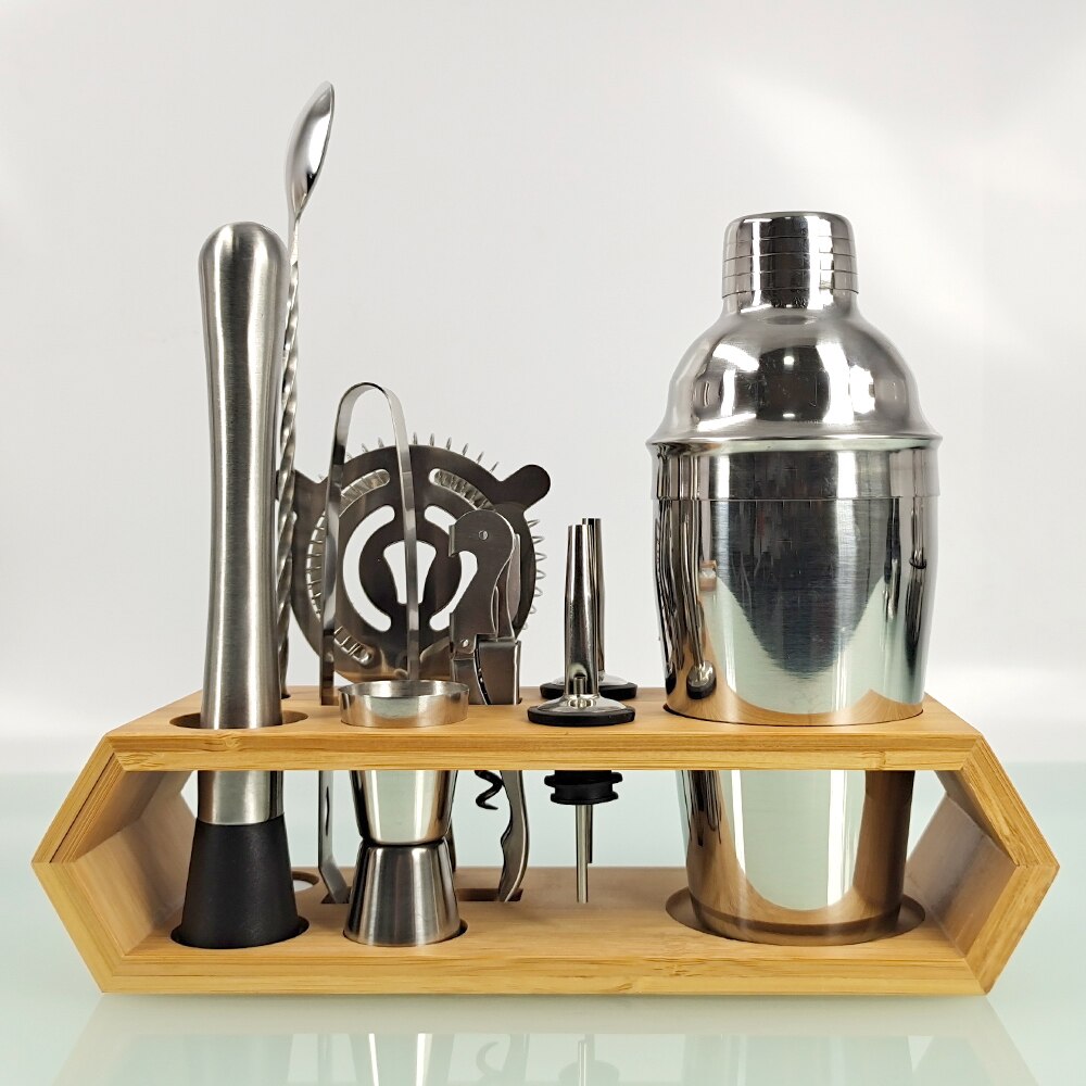 10-Piece Cocktail Shaker Bar Set Stainless Steel Bartender Kit Mixer Drink BrowserKit Bars Set Rhombus Bamboo Frame: 550ml