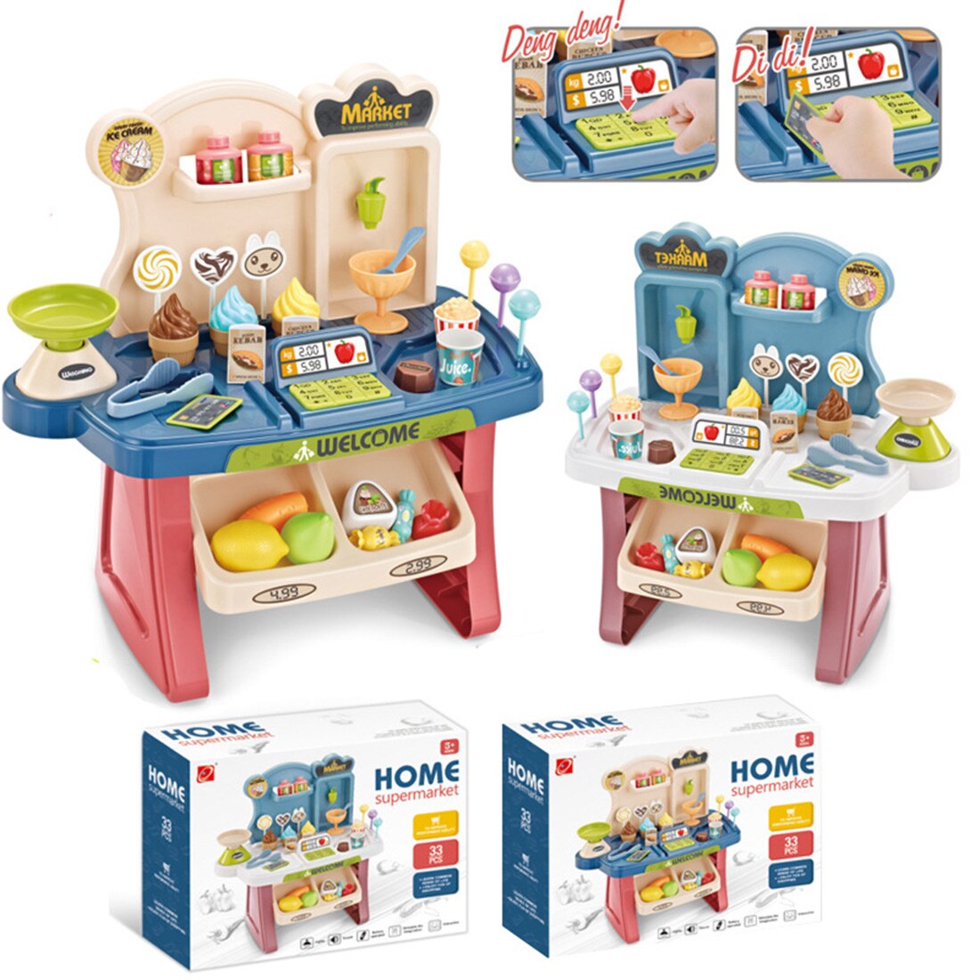 30Pcs Kinderen Pretend Play Simulatie Supermarkt Winkelen Speelgoed Kassa Speeltoestel Voor Kinderen Educatief Speelgoed-Blauw Roze