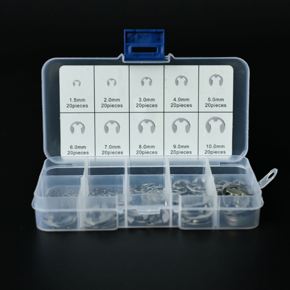 200Pcs/Box 304 Stainless Steel E Clip Circlip Washer Assortment Kit 1.5-10 mm External Retaining Ring Clip For Shaft