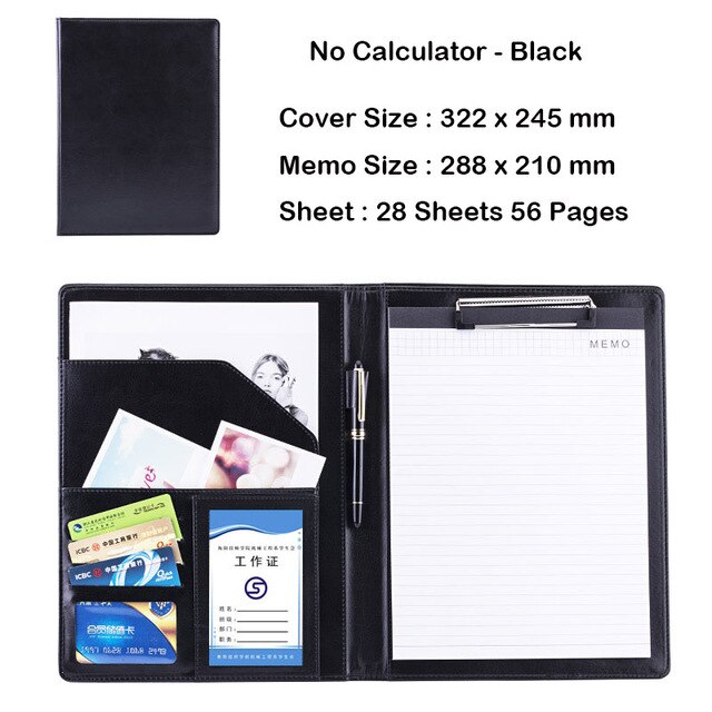 Business Office Folder Multifunctional Office Organizer with Calculator Clip A4 Leather Folder Folder Briefcase Office Supplies: A black