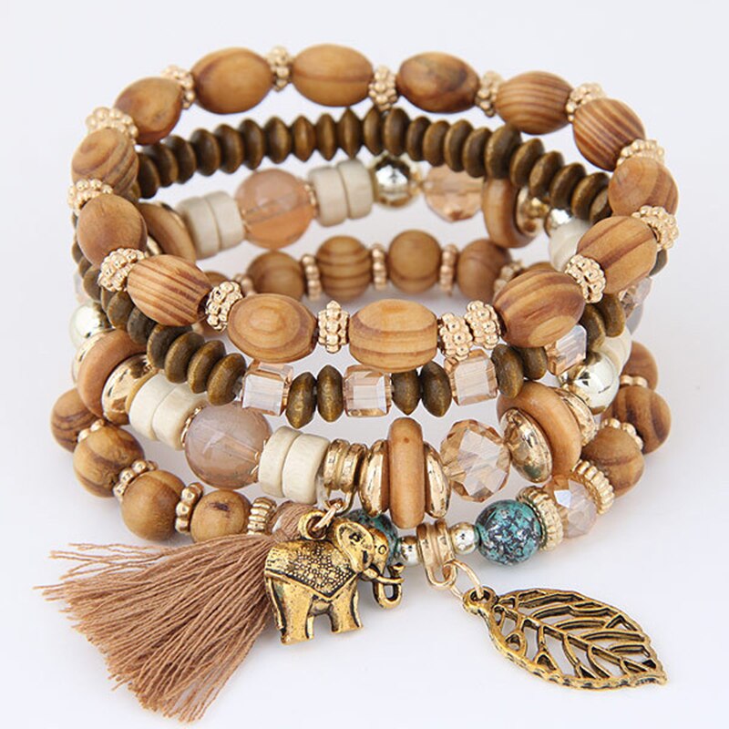 Europese en amerikaanse retro sieraden etnische log kralen kwast baby olifant blad stretch armband set vrouwelijke armband voor vrouwen