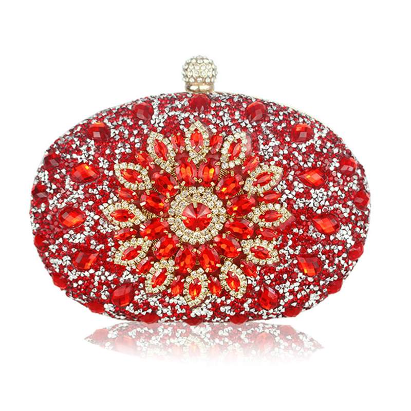 Wedding Diamond Silver Floral Crystal Sling Package Woman Clutch Bag Cell Phone Pocket Matching Wallet Purse Handbags: Red