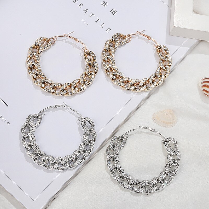 Punk Gold Color Big Round Metal Hoop Earring Circle Linked Chain Large Hoop Earrings for Women Party Nightclub Jewelry