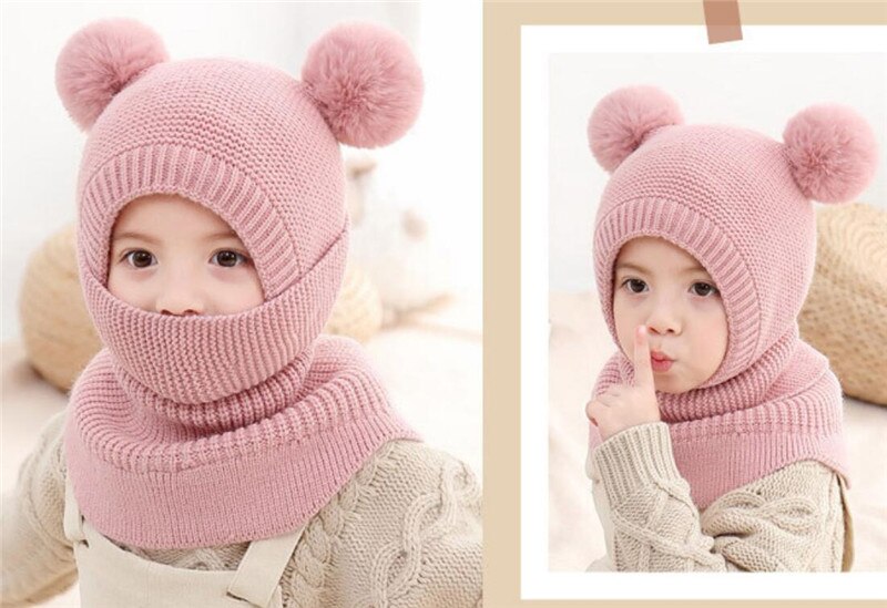 tricot à capuche écharpe enfants chapeau et écharpe enfant avec masque hiver Protection chaude oreille Pom Cap écharpes filles garçon accessoires