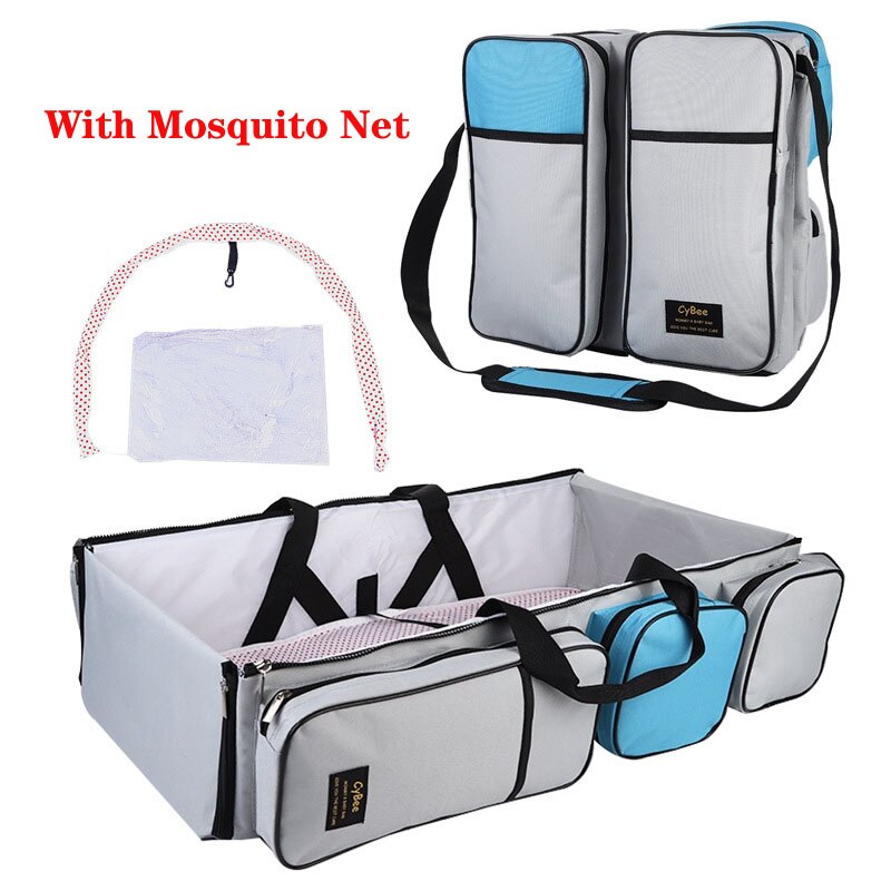 Baby rejse sammenklappelig seng bærbar bærbar mamma taske enkelt skulder mor og baby taske multifunktionel myggenet krybbe: Blå