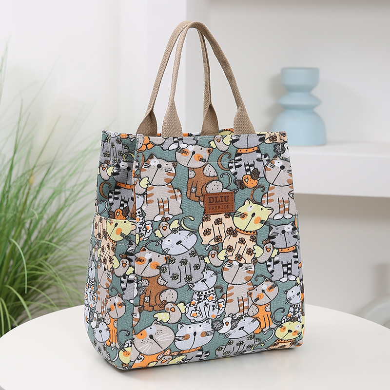 Bolsa de almuerzo con estampado de dibujos animados, bolsa Bento de lona portátil, bolso informal para mujer y bolso de mano para escuela, oficina, picnic: Verde