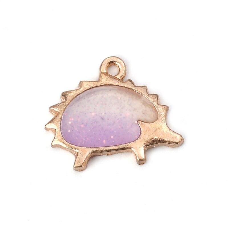 Doreen Box colgantes de aleación a base de Zinc Kawaii Hedgehog Color dorado púrpura esmalte Glitter colgantes 21mm( 7/8 ") x 17mm( 5/8"), 10 Uds: Purple