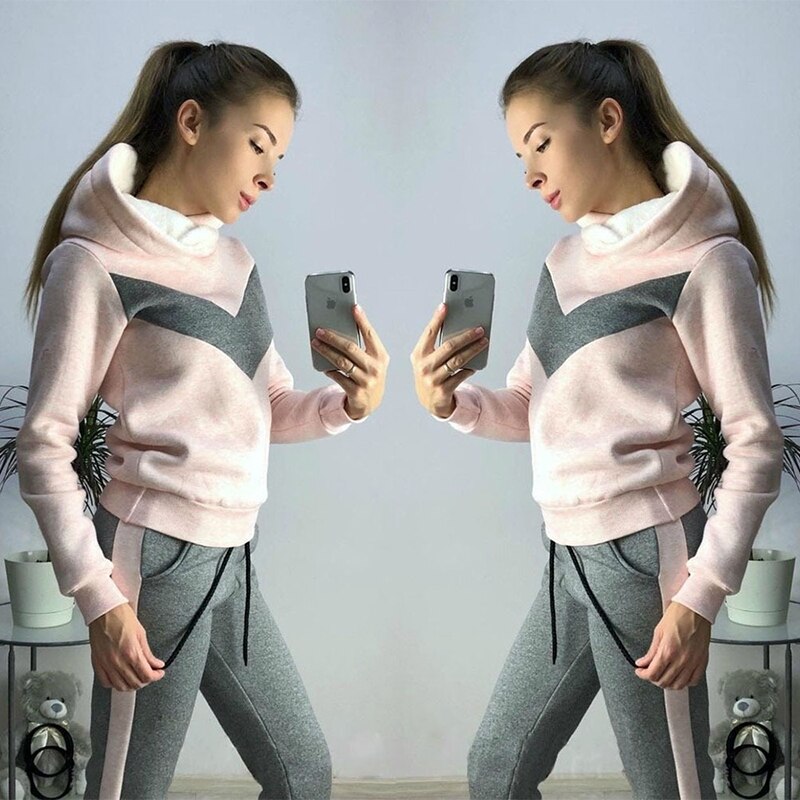 Europäischer und amerikanischer damen-fleeceanzug für herbst und Winter, 2 -teilig, Sport und freizeit, lauf- und fitnessbekleidung, figurbetont: Grau rosa / L