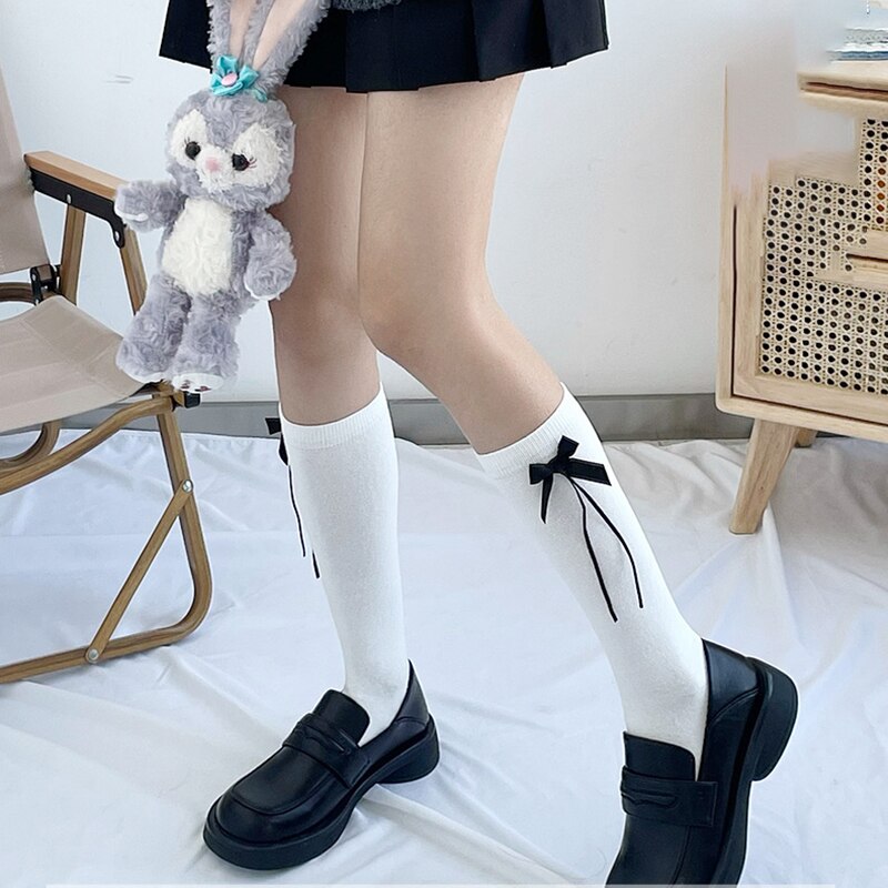 Lolita – chaussettes longues en coton avec nœud papillon pour femme, chaussettes à jambes hautes, blanc, noir, , 2022