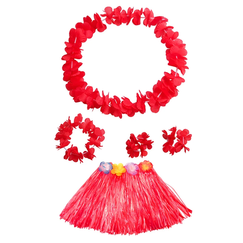 1 Set Kids/Girls Hawaiian Luau Grass Hula Hawaiian-Style Suit Flower Skirt For Parties Balls Festivals And Carnivals-Supplies: Red