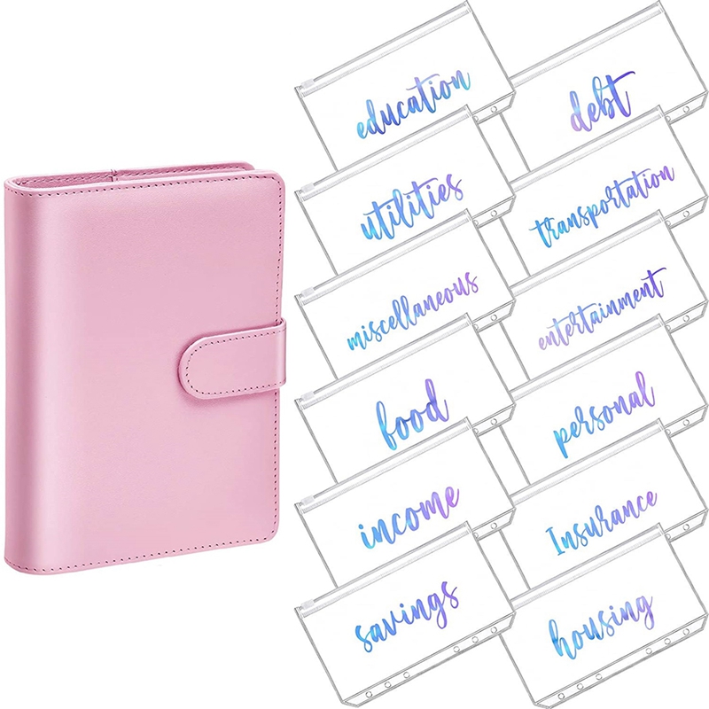 A6 PU Leather Notebook Magnetic Personal Planning Binder with 12 Binder Pockets Binder Zipper Folder for Bill Planner: Pink