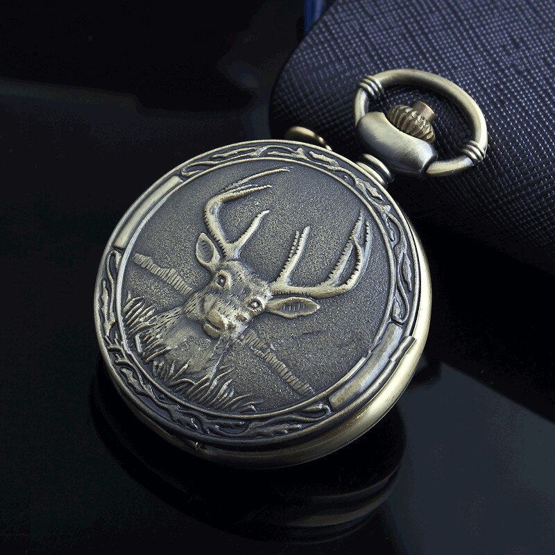 Vintage Quartz Pocket FOB Watch Antique Deer With Pendant Necklace Bronze Boys Pocket Watch Chain For Men Relogio De Bolso