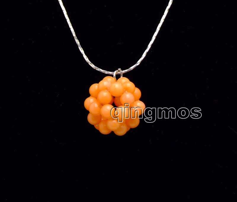 Grand 15-18mm Orange naturel 4-5mm corail travail manuel tissage pendentif boule ronde avec chaîne plaquée argent 17 ''Necklace-nec6200