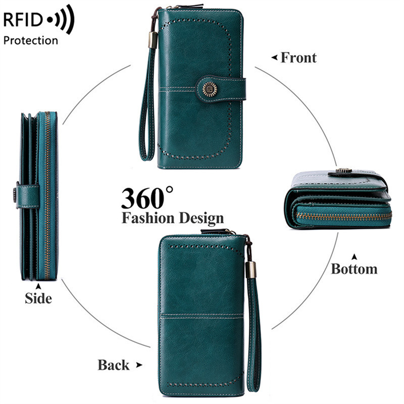 Vintage Ladies Long Leather Wallet Retro Natural Skin Zipper Coin Bag Card Holder Large Capacity Wallet For Girl