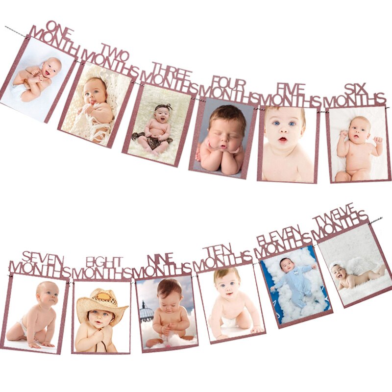 baby shower Kids Frist Birthday Banners 12 Months Photo Frame Bunting Garland Boy Girl 1st One Year Party Decoration Supplies: 11