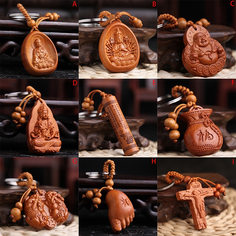 For Car Bag keyring Lucky Jewelry Peach Wood Carving buckle Buddha Pendant Keychain