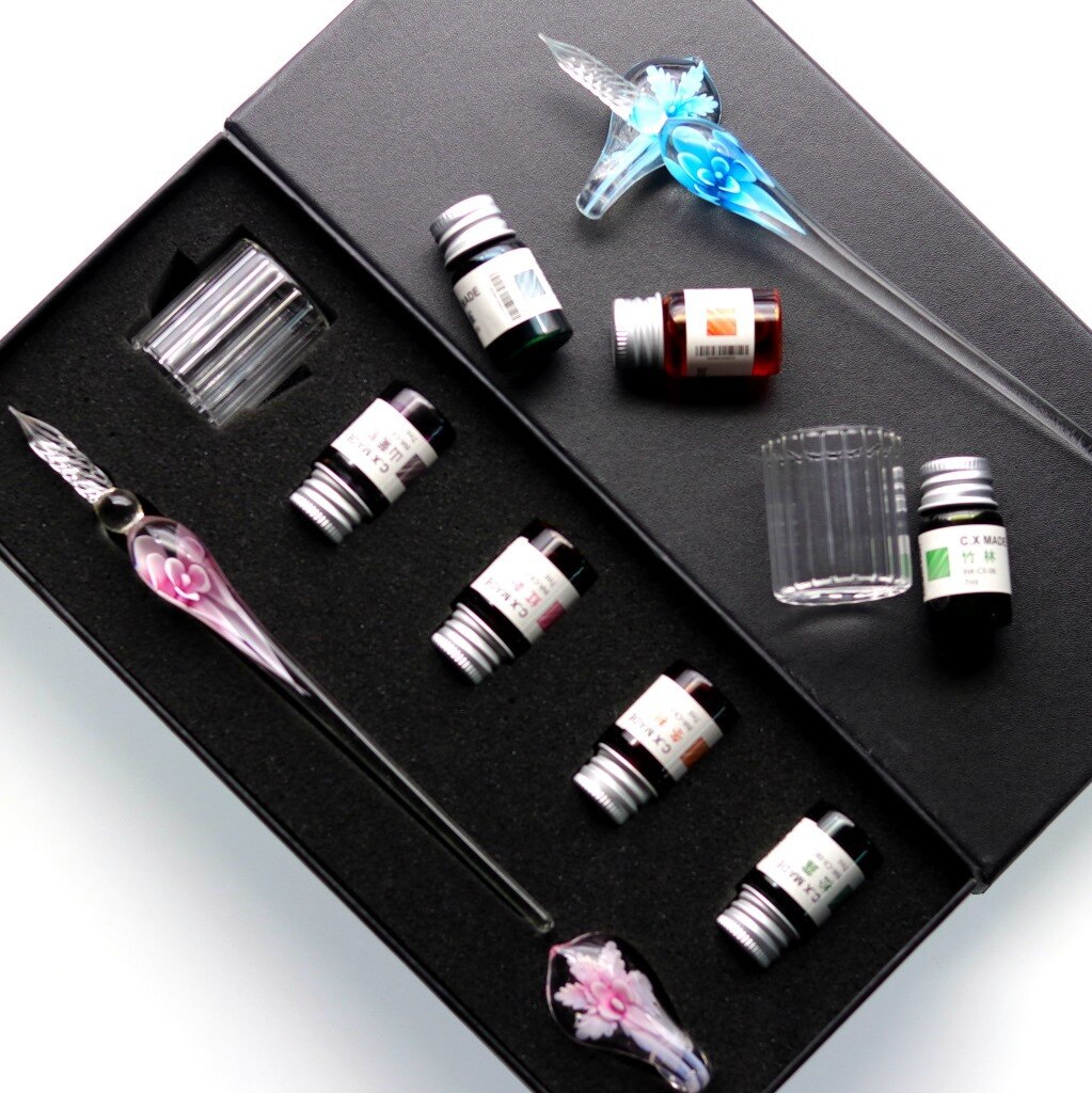 Jugal håndlavet lampwork glas pen blomst mønster gennemsigtig fyldepen guld pastel blæk signatur pen