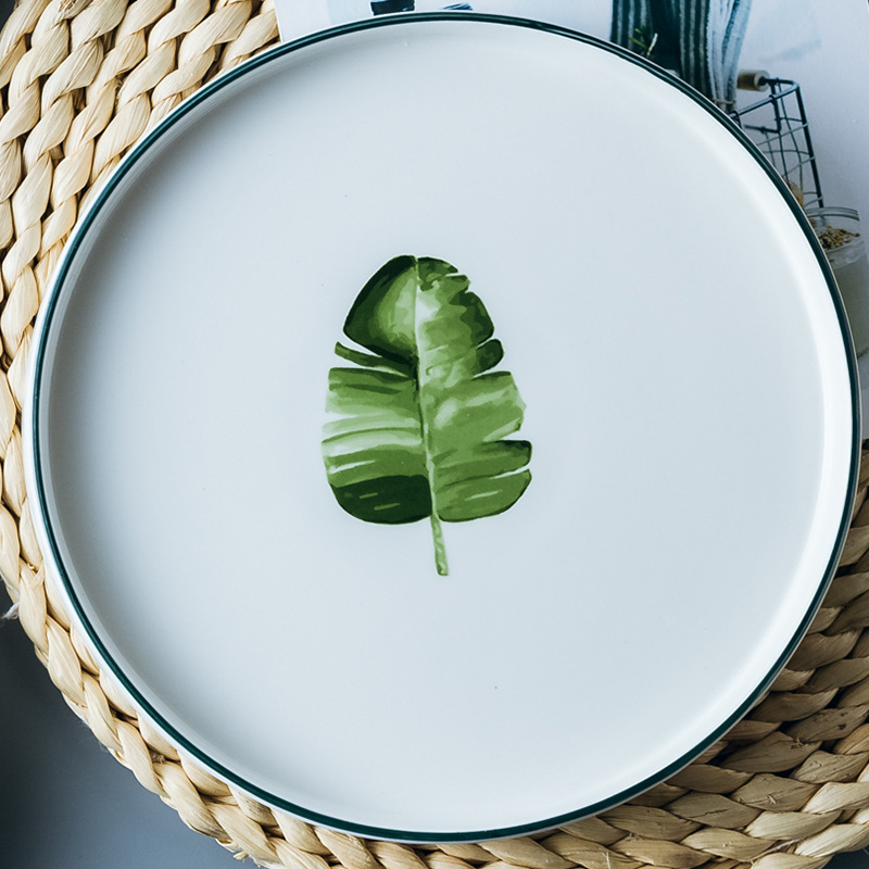 20 cm Leaf Round Ceramic Plate Cartoon Plant Procelain Dinner Plate Dessert Steak Fruit Nuts Tray Household Snack Dishes Plate