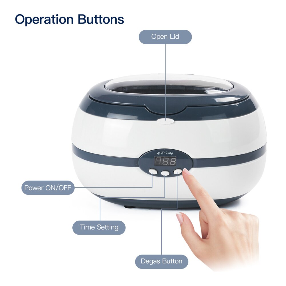 GTSONIC VGT-2000 Ultrasonic Cleaner 600ml 35W for Necklace Earrings Bracelets Dentures Household Ultrasonic Baths: VGT-2000 Grey / EU