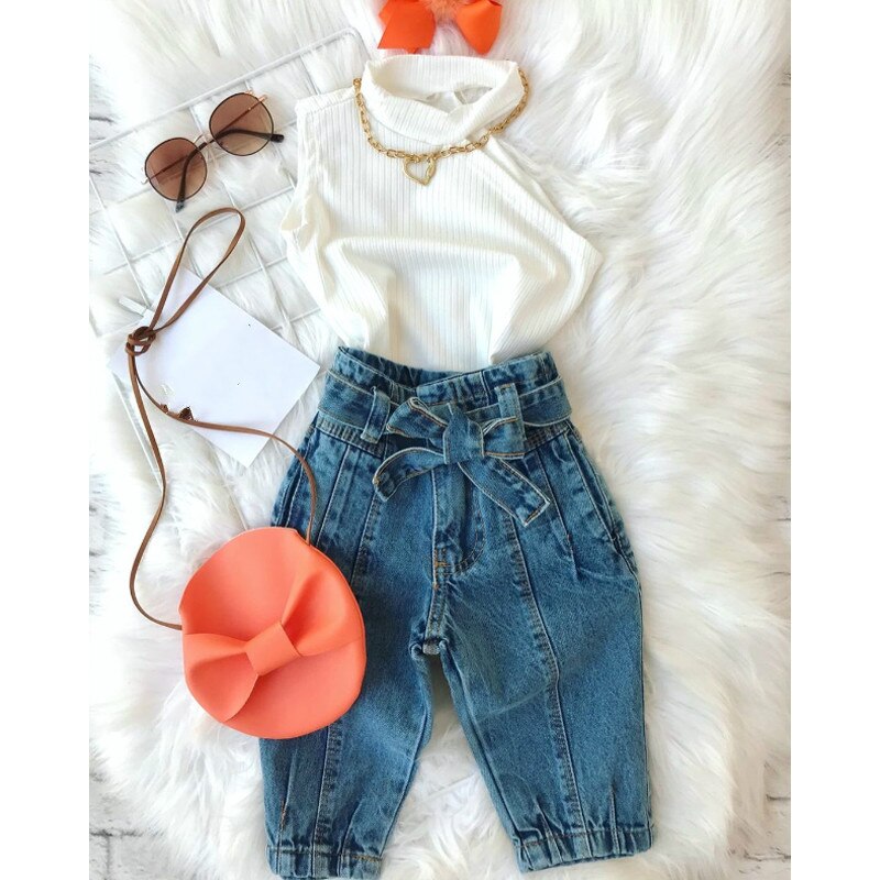 Conjunto de ropa de para niñas de 1 a 6 años, top de punto sin mangas con hombros descubiertos y pantalones vaqueros rasgados, ropa de verano para niñas
