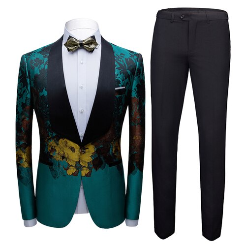 Mannen Pakken Herfst Mode Bloem Print Britse Stijl 2 Pcs Blazer Met Broek Set Bruiloft Jurk Prom Smoking pak: 1096 / 4XL for 81-85kg