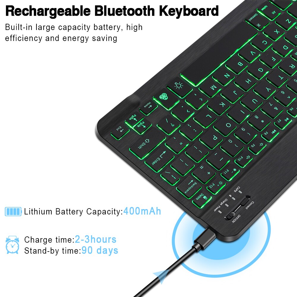 LED bezprzewodowa klawiatura Bluetooth klawiatura i mysz RGB hiszpański Mini podświetlenie rosyjska klawiatura do telefonu Tablet ipad pro 11