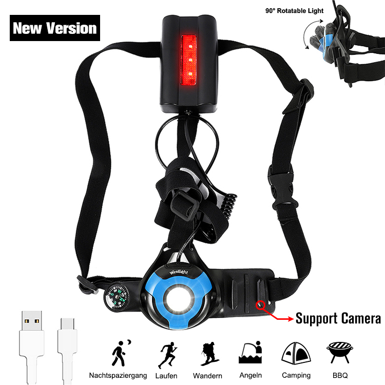WEST BIKING-luz frontal de pecho para correr, lámpara de advertencia de 2200mAh con carga USB, para ciclismo, pesca, senderismo y Camping: 264 Blue