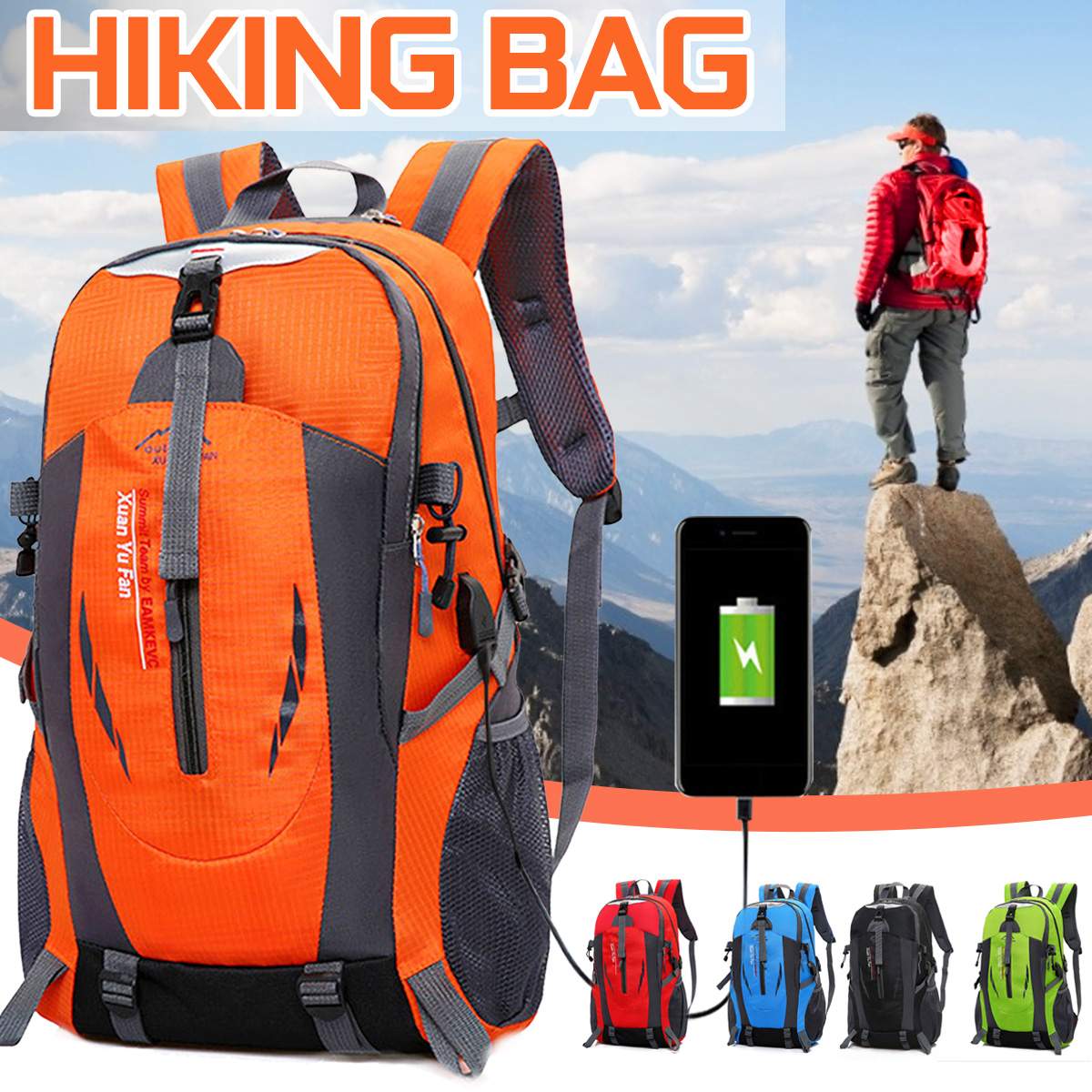 Unisex Large Nylon Backpack Travel Hiking Camping Waterproof USB Port Hiking Bag Outdoor Cycling Bags Men Women Sports Bag 50L