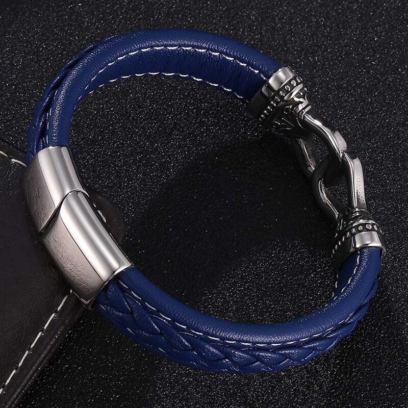 Pulseras de cuero azul hechas a mano para hombre, joyería de tótem Vintage, brazalete de hebilla magnética de acero inoxidable, pulsera Punk para hombre, SP0813