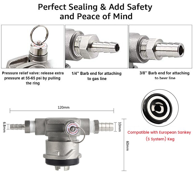 Low Profile "S" System Keg Coupler, European Sankey Keg "S" Type Couplers with Lever Handle Homebrewing Kegerator Dispenser