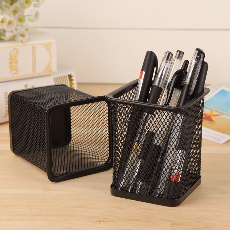 Metal Mesh Square Pen Pot Case Pencil Holder Office Desk Stationery Container Organiser Durable Pencil Case Black
