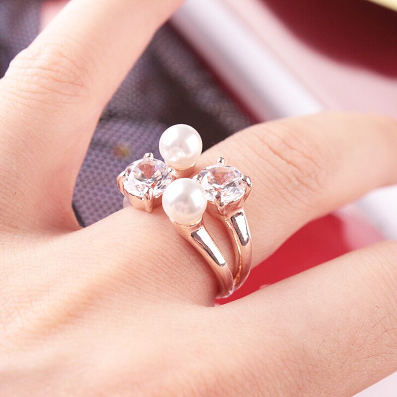 Korean Zirkon Perle Ringöffnung Ring Einstellbare Strass Graceful Chic Für Frauen Hochzeit OL Schmuck Neue