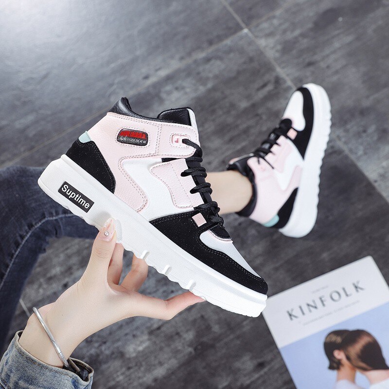 Women Platform Sneakers Korean PU Leather Trainers Womens Chunky Sneakers Tenis Female Spring Lace Up Casual Shoes