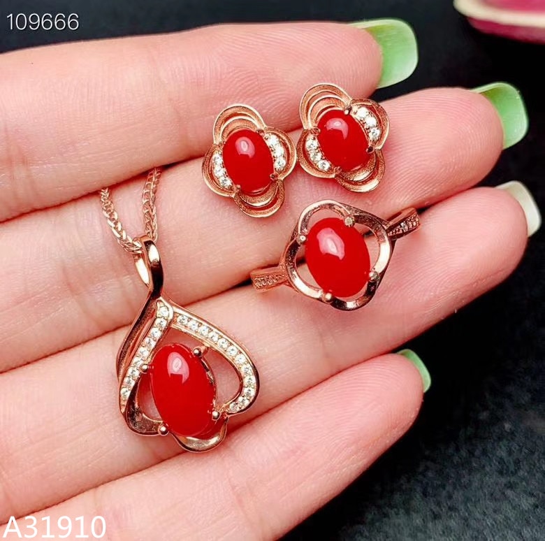 KJJEAXCMY Fijne sieraden 925 sterling zilver ingelegd natuurlijke red coral dames hanger ketting ondersteuning detectie set