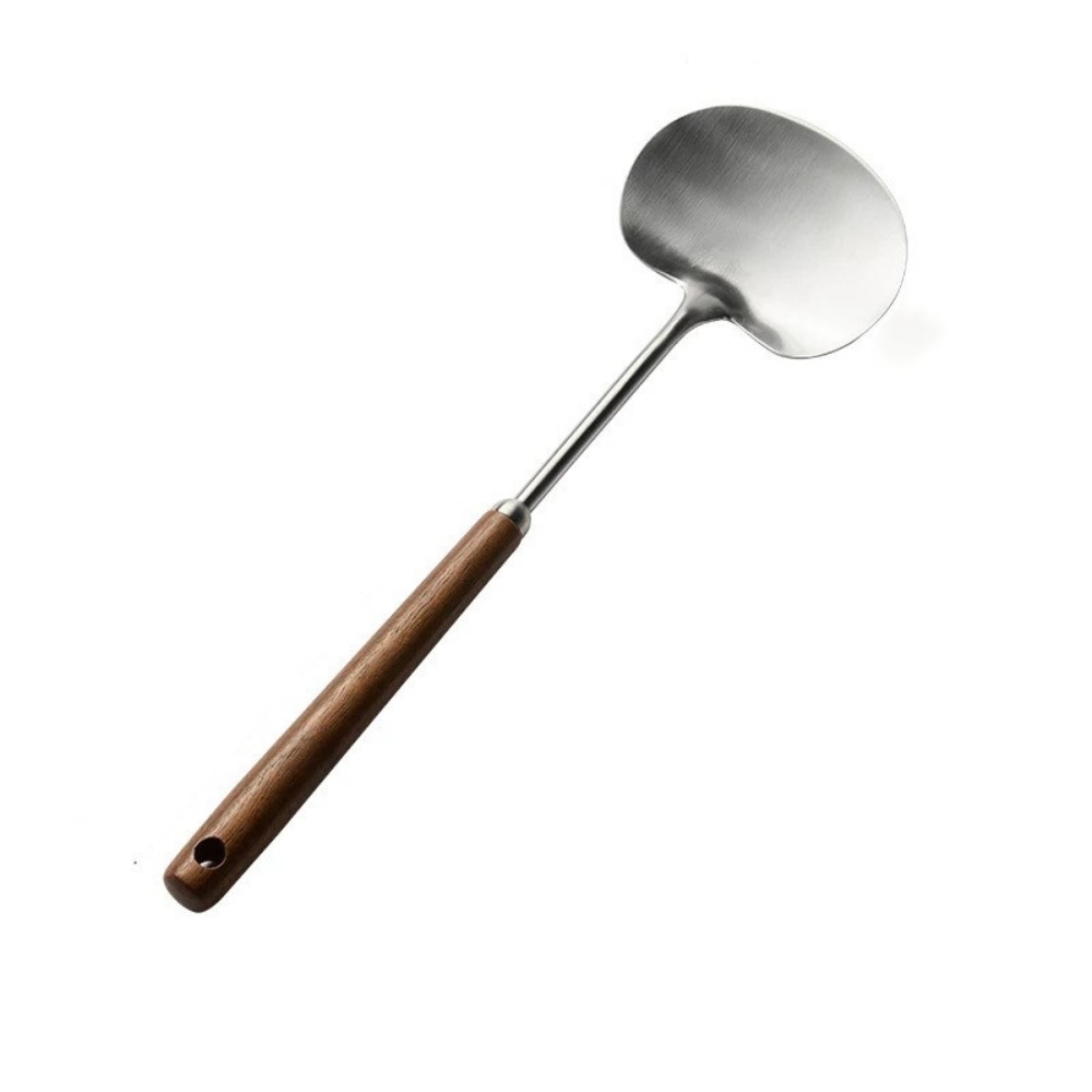 Comfortable Handle Wok Spatula Wood Stainless Steel Steak Spatula Convenient Food Grade Kitchen Stir Fry Shovel Kitchen Utensils: Silver