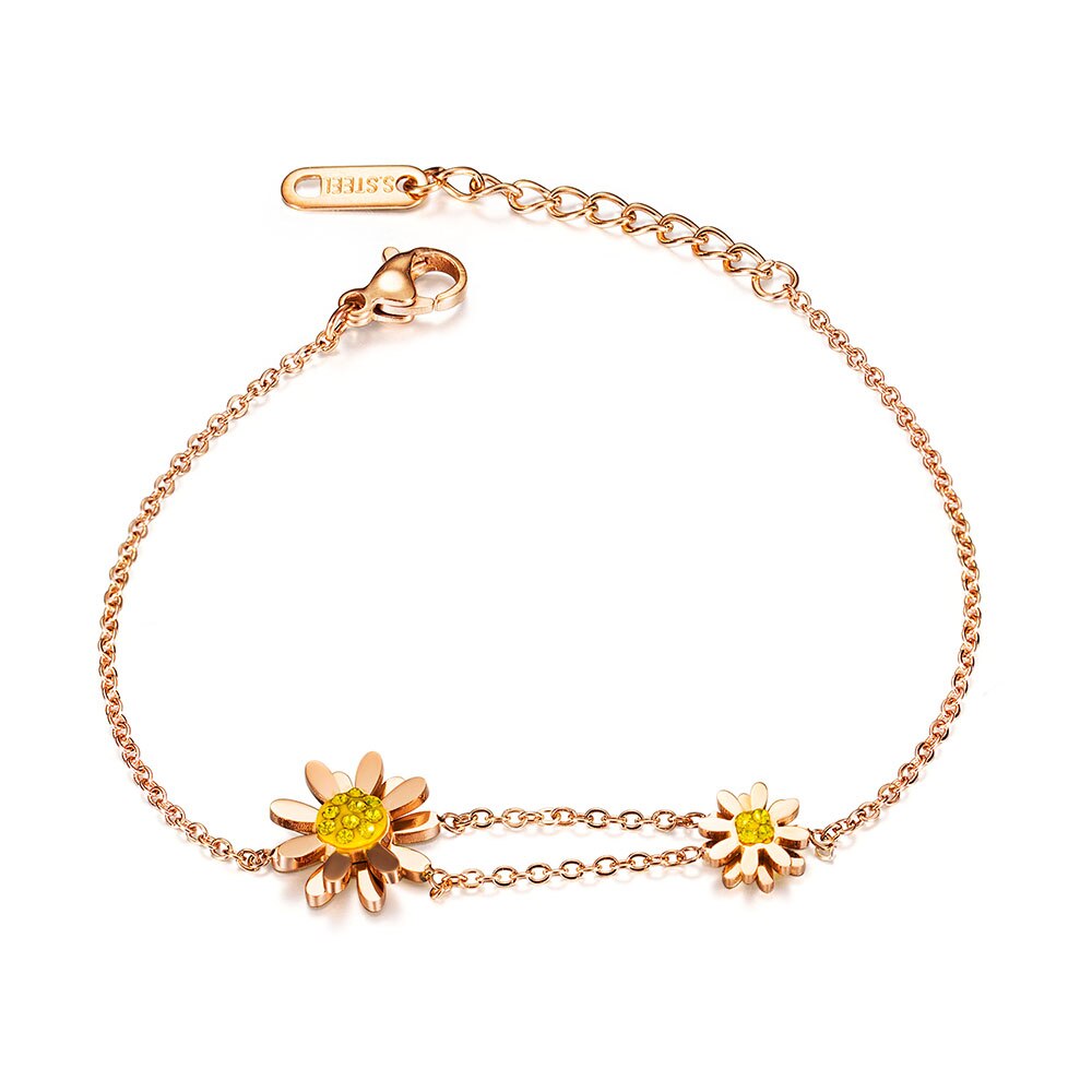 Lokaer Stainless Steel CZ Crystal Sun Flower Daisy Charm Bracelets Bohemia Link & Chain Bracelet For Women Girls B17089: Rose Gold Color