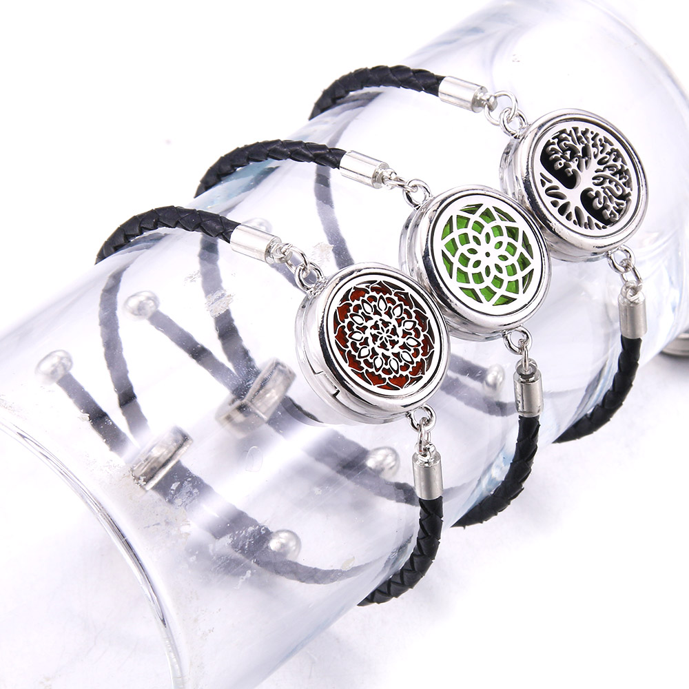 Difusor de aceites esenciales de Perfume, pulsera de cuero, medallón de aromaterapia, medallón de acero inoxidable, pulsera de cuero negro,