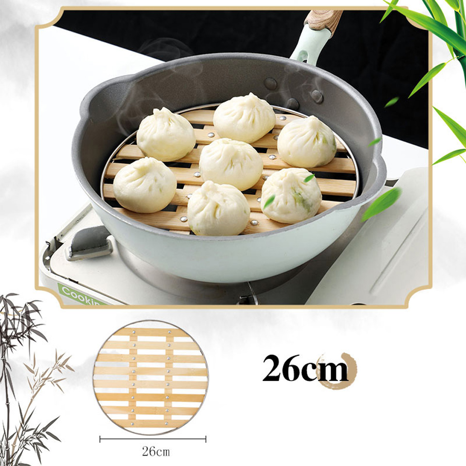 Vaporera redonda de bambú para el hogar, vaporera de acero inoxidable para cocinar al vapor bollos y fideos, suministros de cocina chinos: 26CM