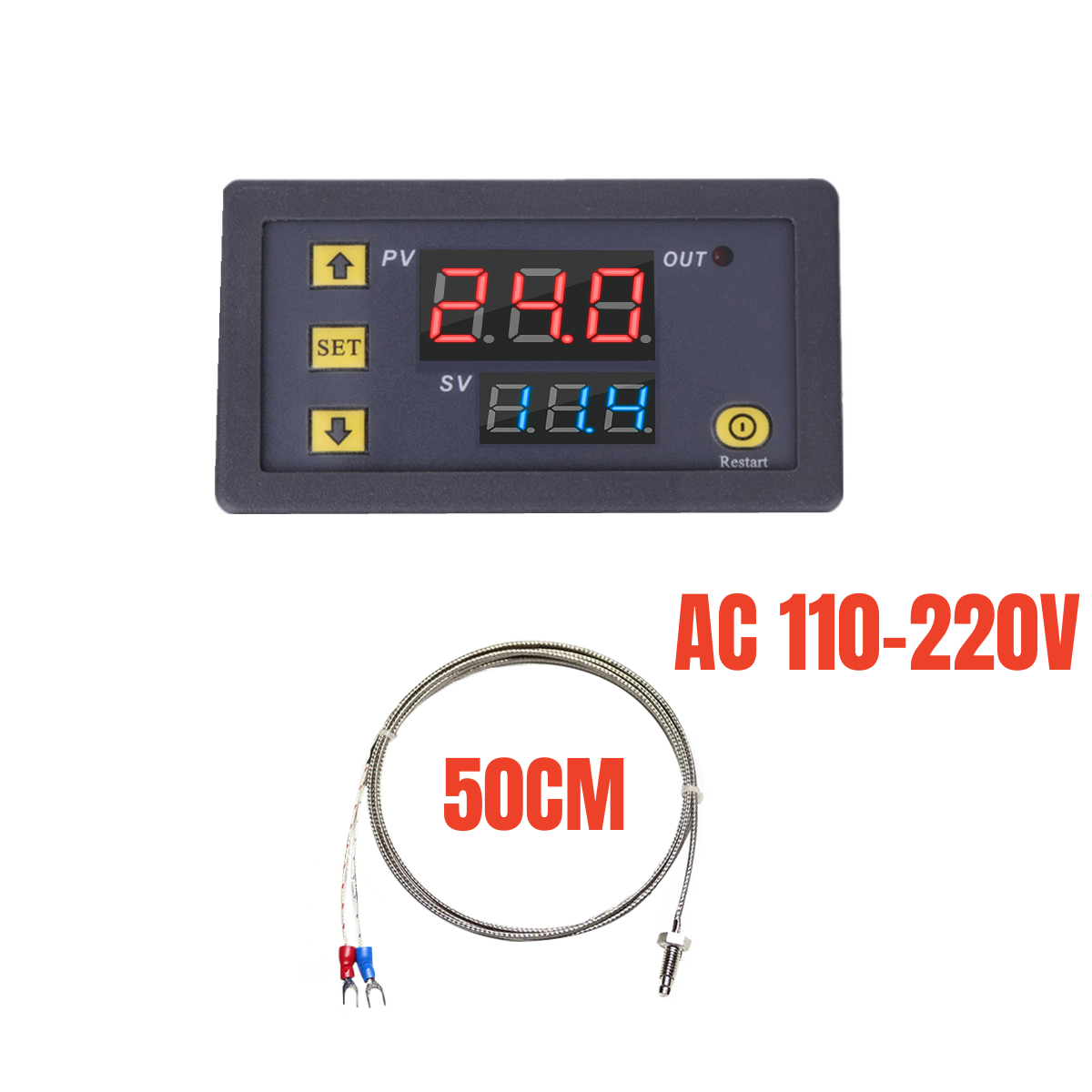 Mini W3230 Probe Line Digital Temperature Control LED Display Thermostat With Heat/Cooling Control Instrument 12V 24V 110-220V: Red