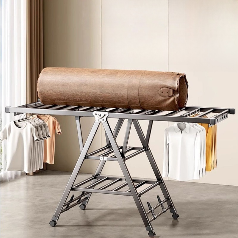 Tendedero de ropa para balcón, estante de secado de ropa móvil plegable de pie para el hogar, tendedero de edredón para dormitorio, 3 pisos