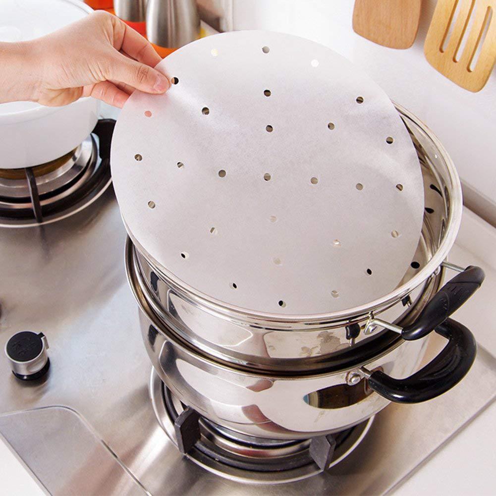 100 ark 7 tommers steamer papir kjøkken perforert tremasse papir steamer non-stick dampmatte rund matlaging steamer papir