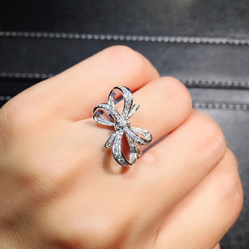 Luxus Weibliche Schmetterling Bowknot Hochzeit Ringe Elegante Silber Farbe Liebe Finger Ring Versprechen Zirkon Engagement Ringe Für Frauen
