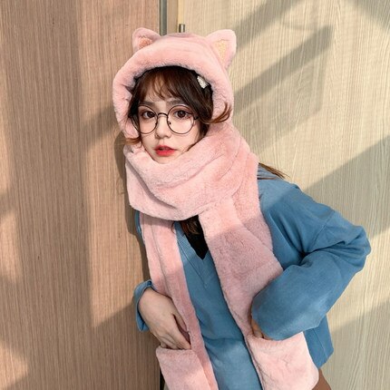 Höst/vinter tjejmössa med dubbel halsduk och handskar vit rosa hudton grå fritid ta bilder på en dejt: Rosa