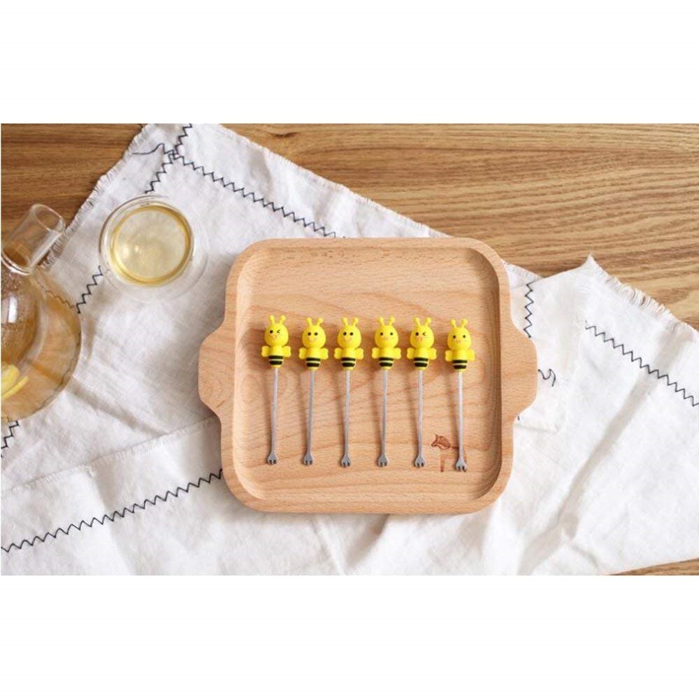 6 stk til hjemmet søte tegneserie salatgafler mini dessert fruktgafler holder rustfritt stål med holder silikonhåndtak gaffel bie