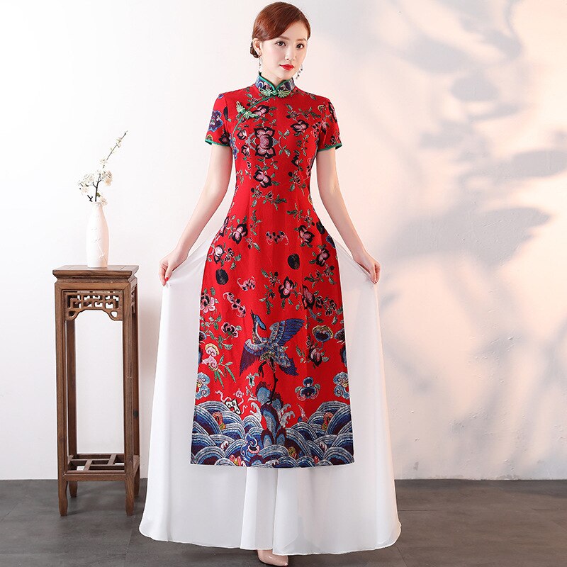 Senhora vintage impressão floral longo cheongsam tamanho grande 5xl cetim elegante ajuste e alargamento qipao vermelho vestido de noiva chinesa