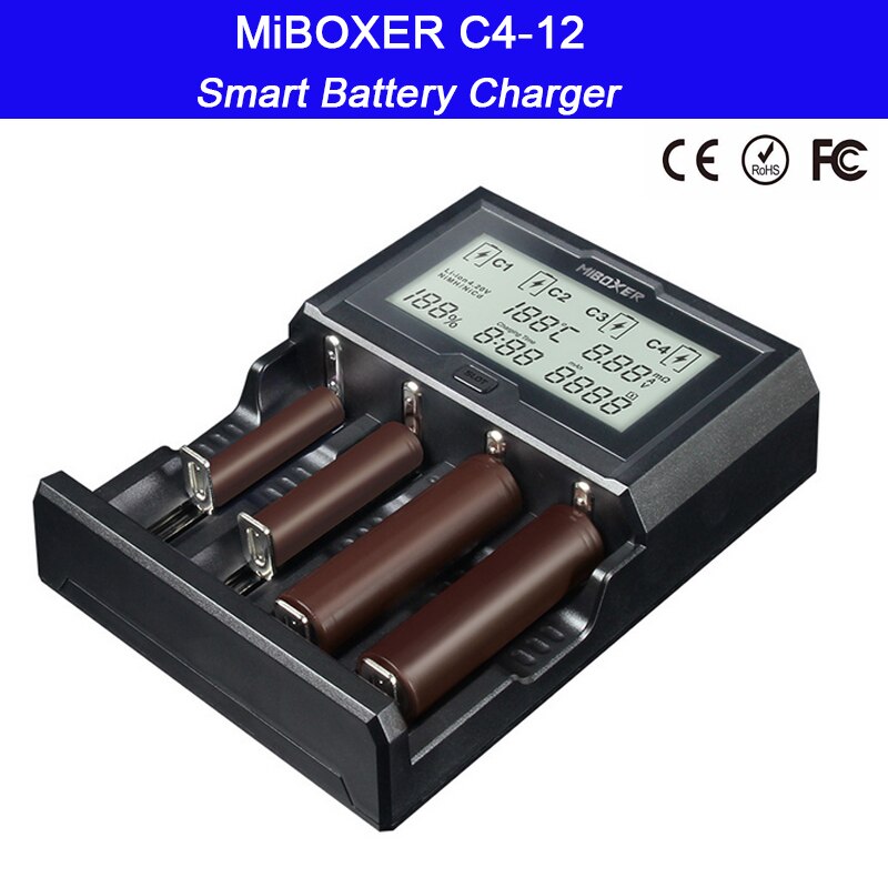Miboxer  c4-12 12a 4 slots lcd-skærm smart batterioplader til li-ion/ni-mh/ni-cd/lifepo 4 18650 14500 26650 aaa aa batteri