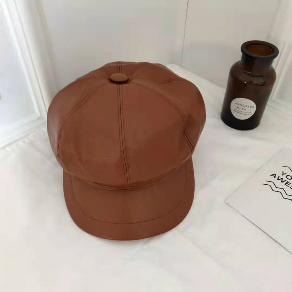 Chapeau béret en cuir pour femme | Automne, hiver chapeaux octogonaux, casquette plate, casquette chaude solide pour femme: Marron
