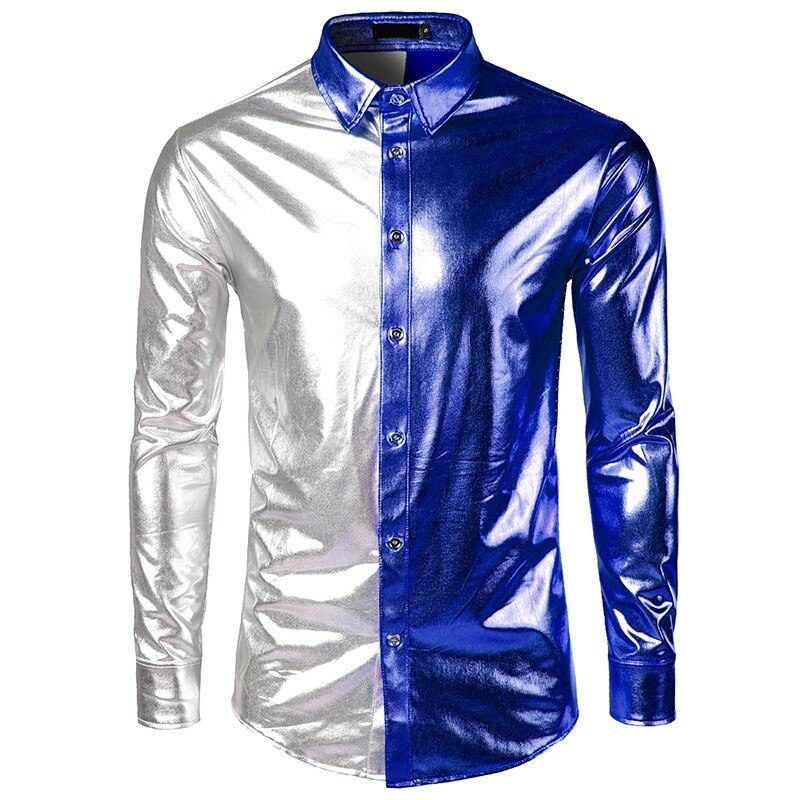 Natklub patchwork disco dance toppe mærke skjorte guld sliver kostume fest herre metallisk skinnende slim klubtøj: Blå / L