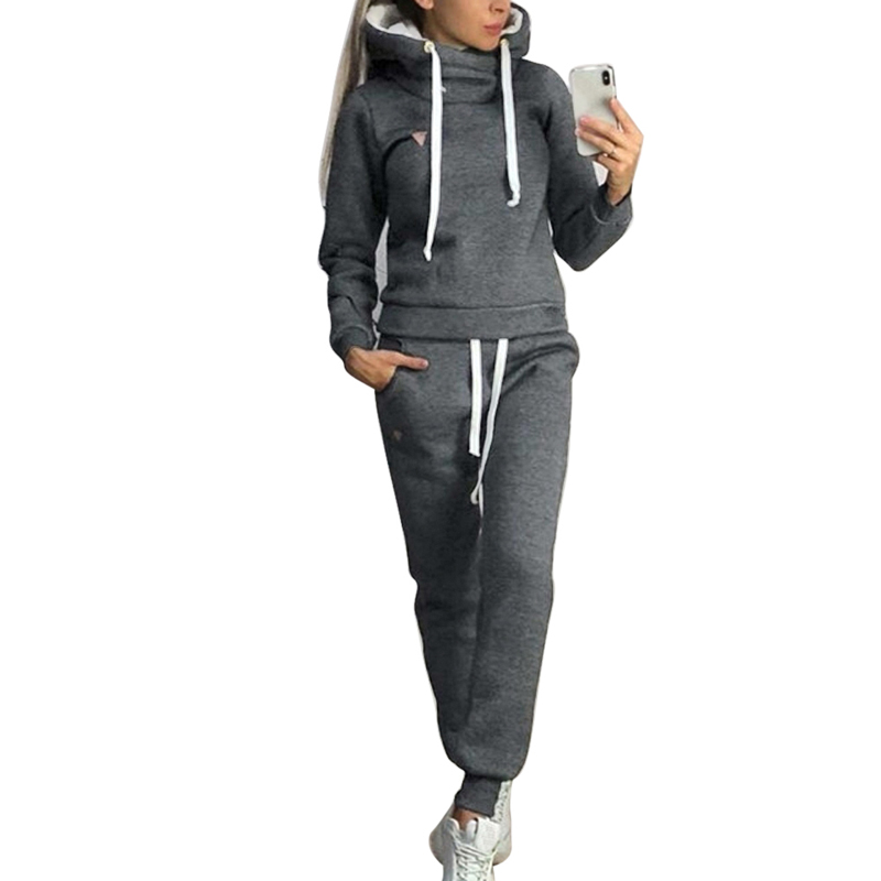 2 Piece Winter Tracksuit Warm Sportwear Sets Women Autumn Hooded Sweatshirt Sets Sport Hoodies + Casual Jogging: Black / L