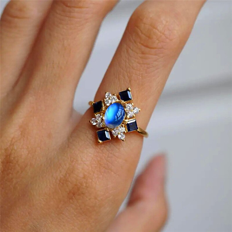 Anillo fino de piedra lunar Ovalada para mujer, anillo de compromiso de lujo de Color dorado, de cristal cuadrado azul, para boda